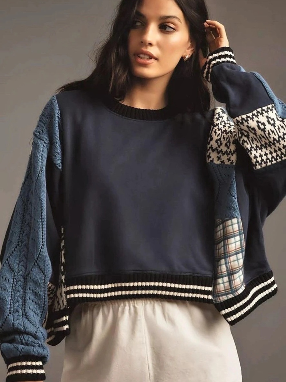 Pilcro Mixed Media Sweatshirt Color Block Crewneck Sweatshirt